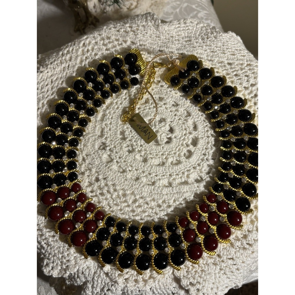 IMAN Rhinestone Collar Necklace Egyptian Style Beaded Gold Plated NWT Adjustable - Picture 3 of 7